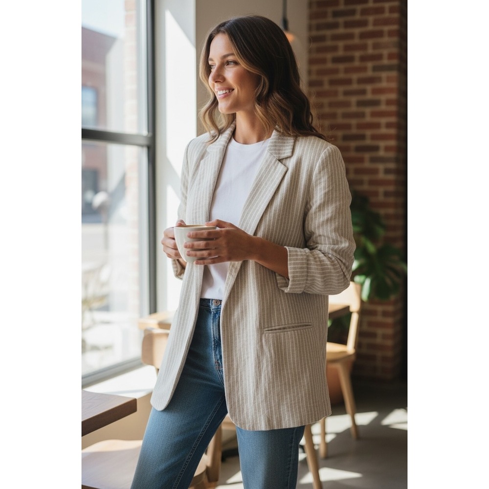 Abercrombie & Fitch Womens L Tan White Striped Linen Blend Open Front Blazer
